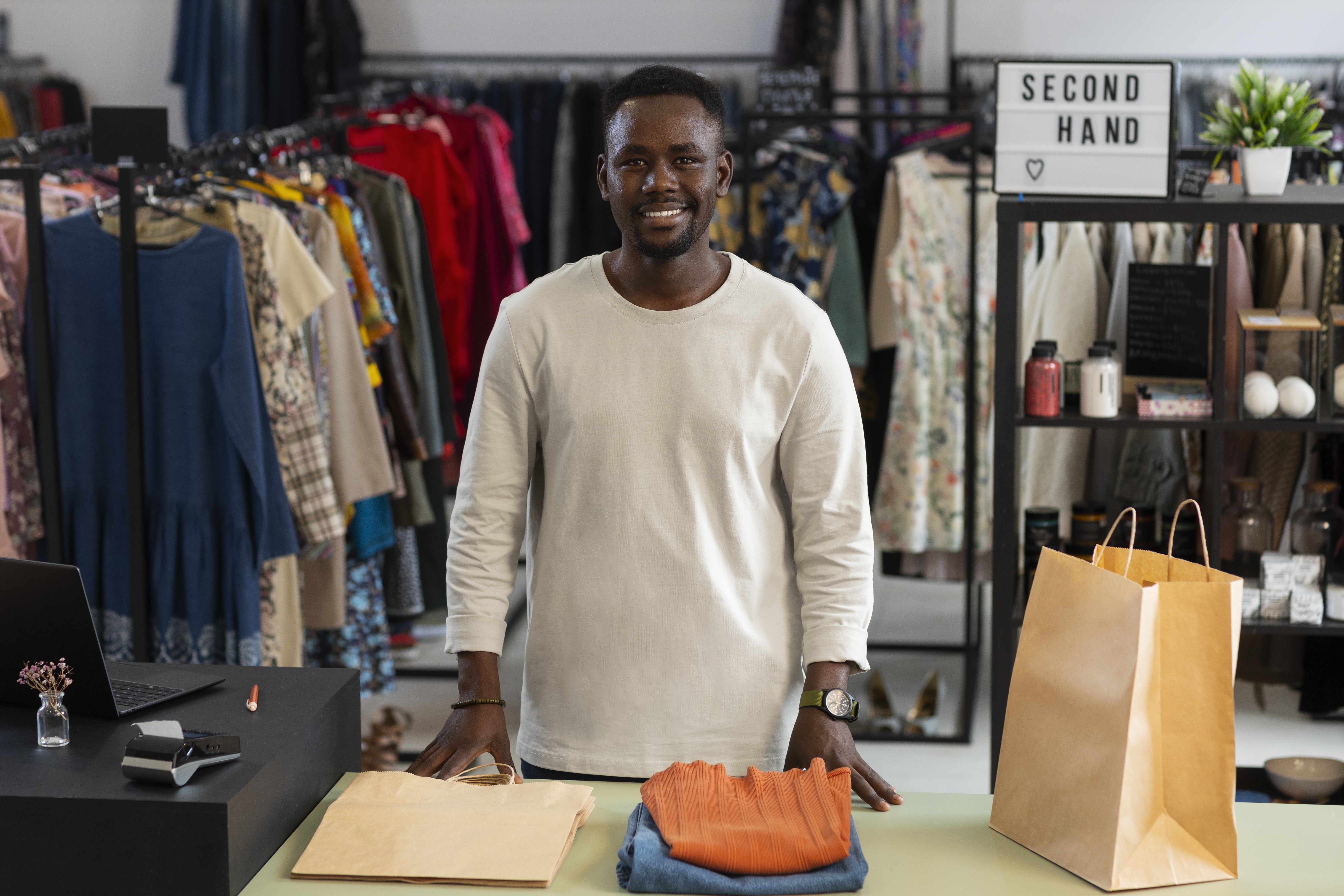 Man standing in a clothing shop with packaged products